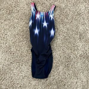 NWT! Speedo One Piece Competition Swim Suit Navy Blue Red & White Women’s Sz 26